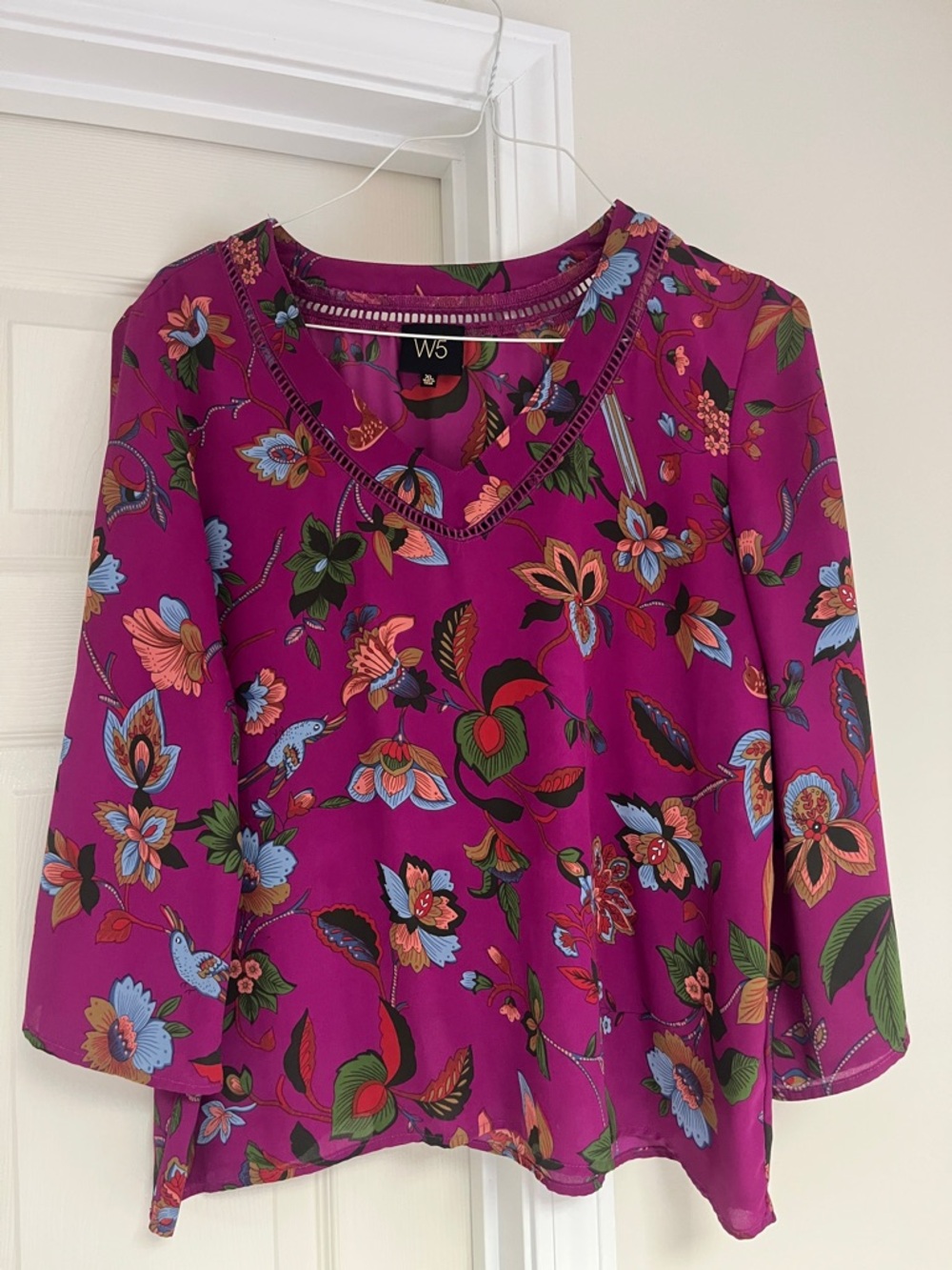 W5 Fuchsia Floral V-Neck Peasant Blouse